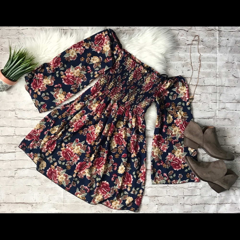 Beautiful OTS floral dress with bell sleeves